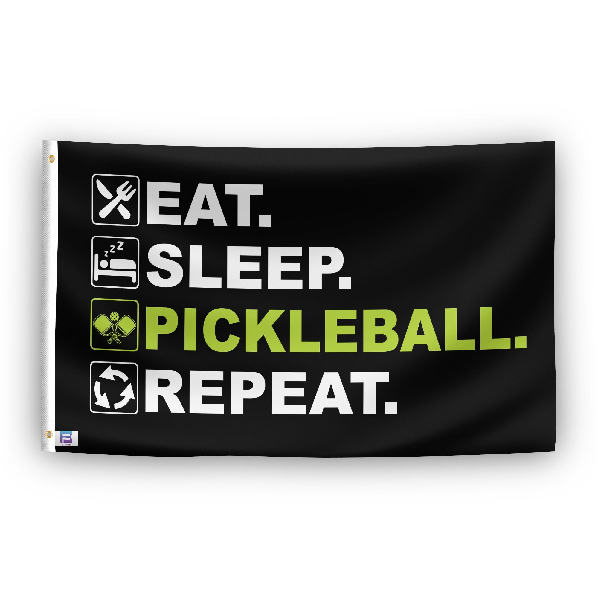 A flag with the saying "Eat Sleep Pickleball Repeat", with a black, white and themed color scheme.