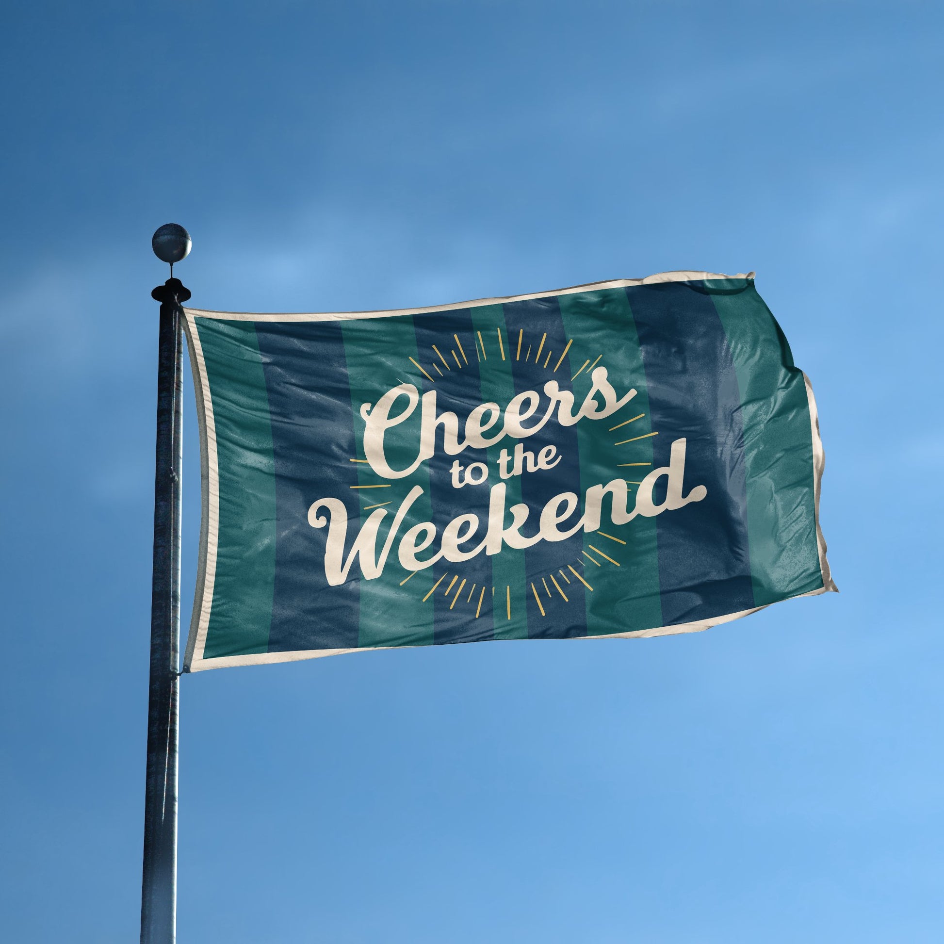 A flag with the saying "Cheers To The Weekend" displayed on a high pole, with a special occasion color scheme.