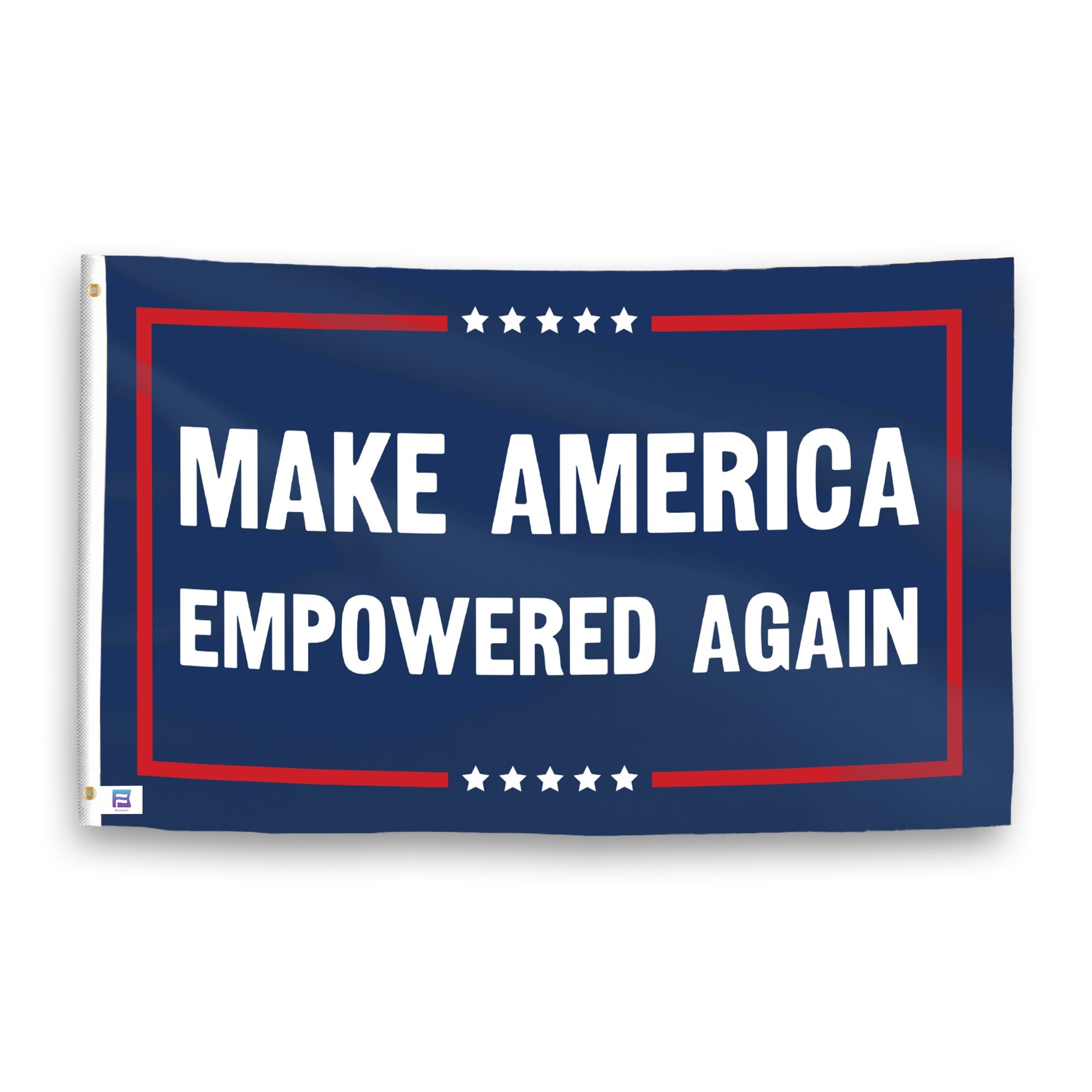 A political flag with the saying "https://www.dropbox.com/scl/fi/ogric33knt7t7brnd41wm/make-america-empowered-again_ripple.png?rlkey=fyvviyvs991ooibj7hcfdtqaw&raw=1", with a red, white, and blue color scheme.