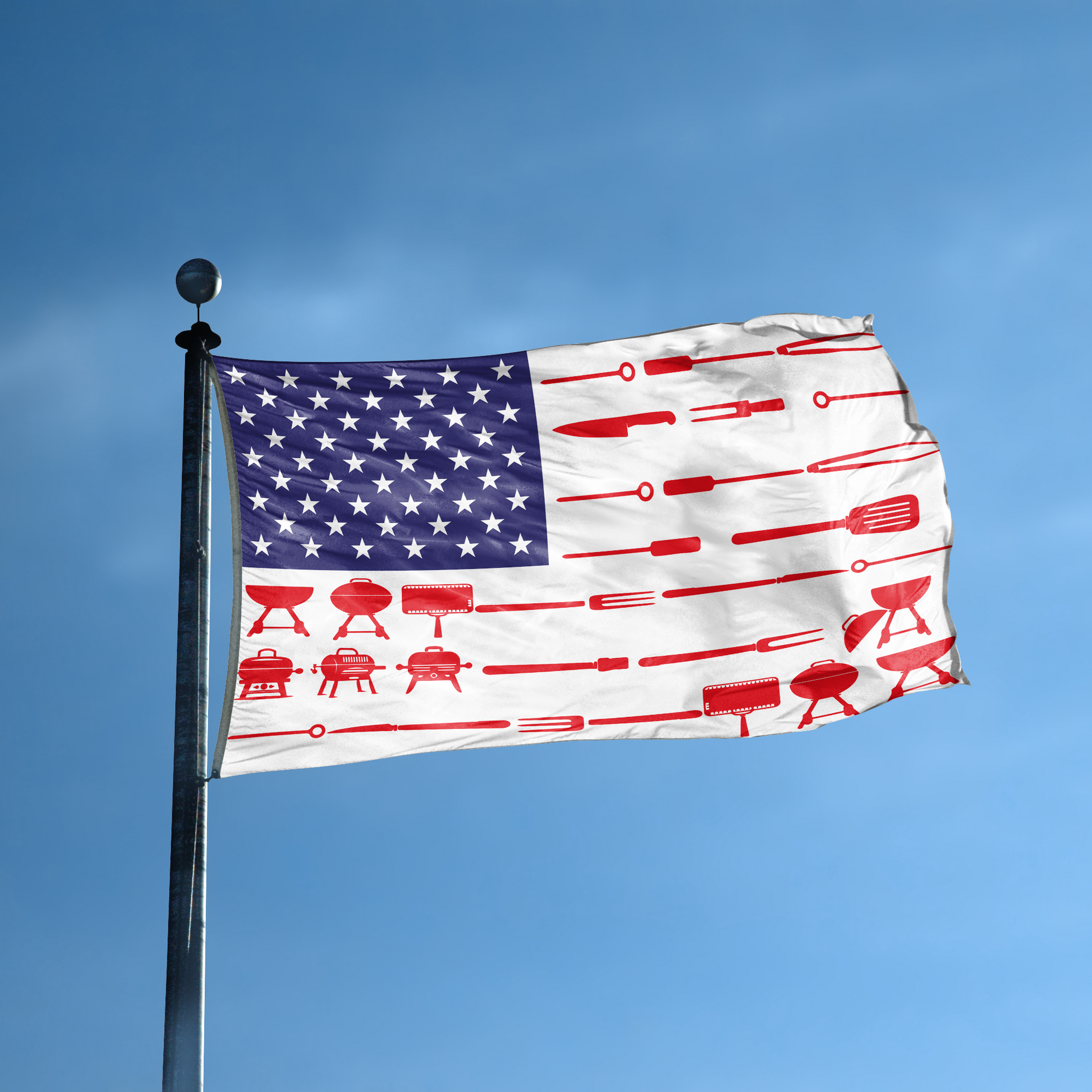 An american flag with the red stripes changed to match the theme "BBQ Stripes American" displayed on a high pole.