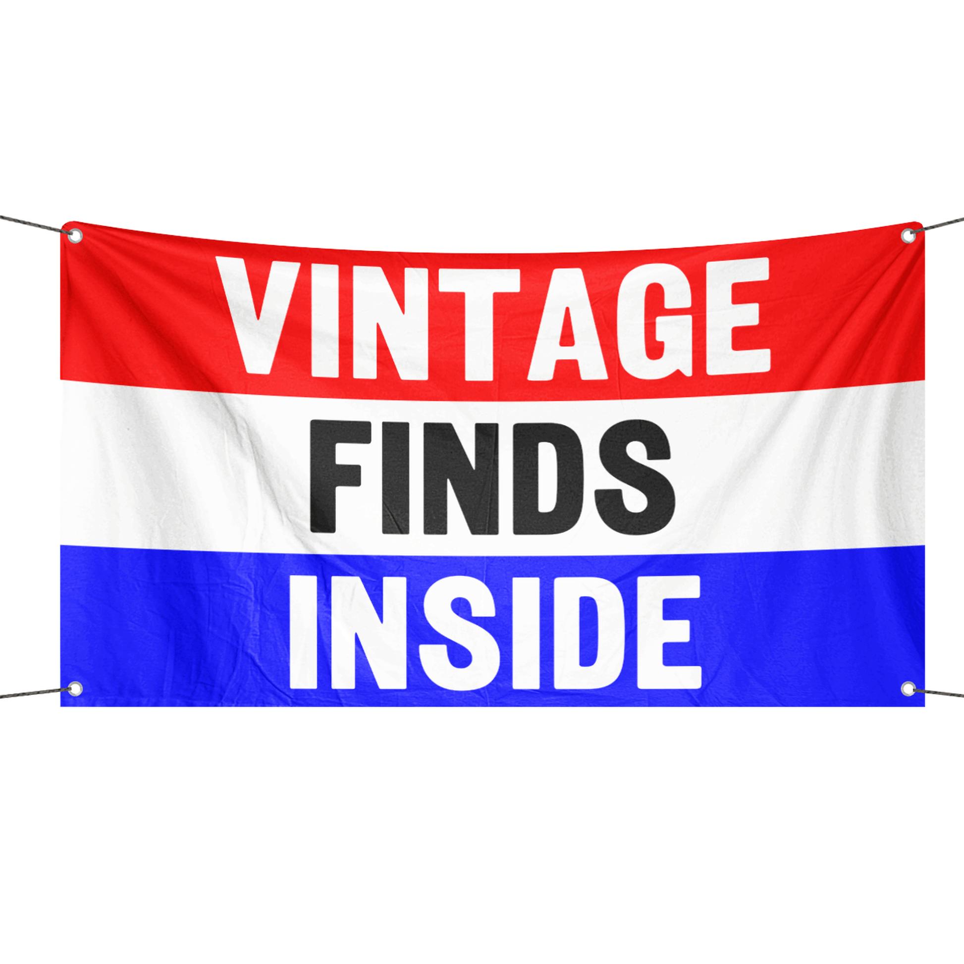 A business banner with the saying "Vintage Finds Inside", with a red, white, and blue color scheme.