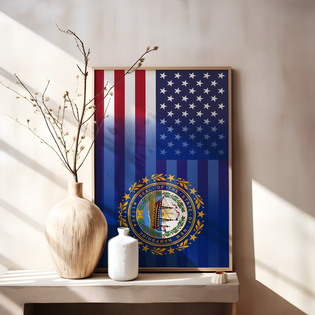 Blended US and New Hampshire flag print in a wooden frame, showcasing American stars & stripes merged with New Hampshire’s emblem, displayed on a tabletop.