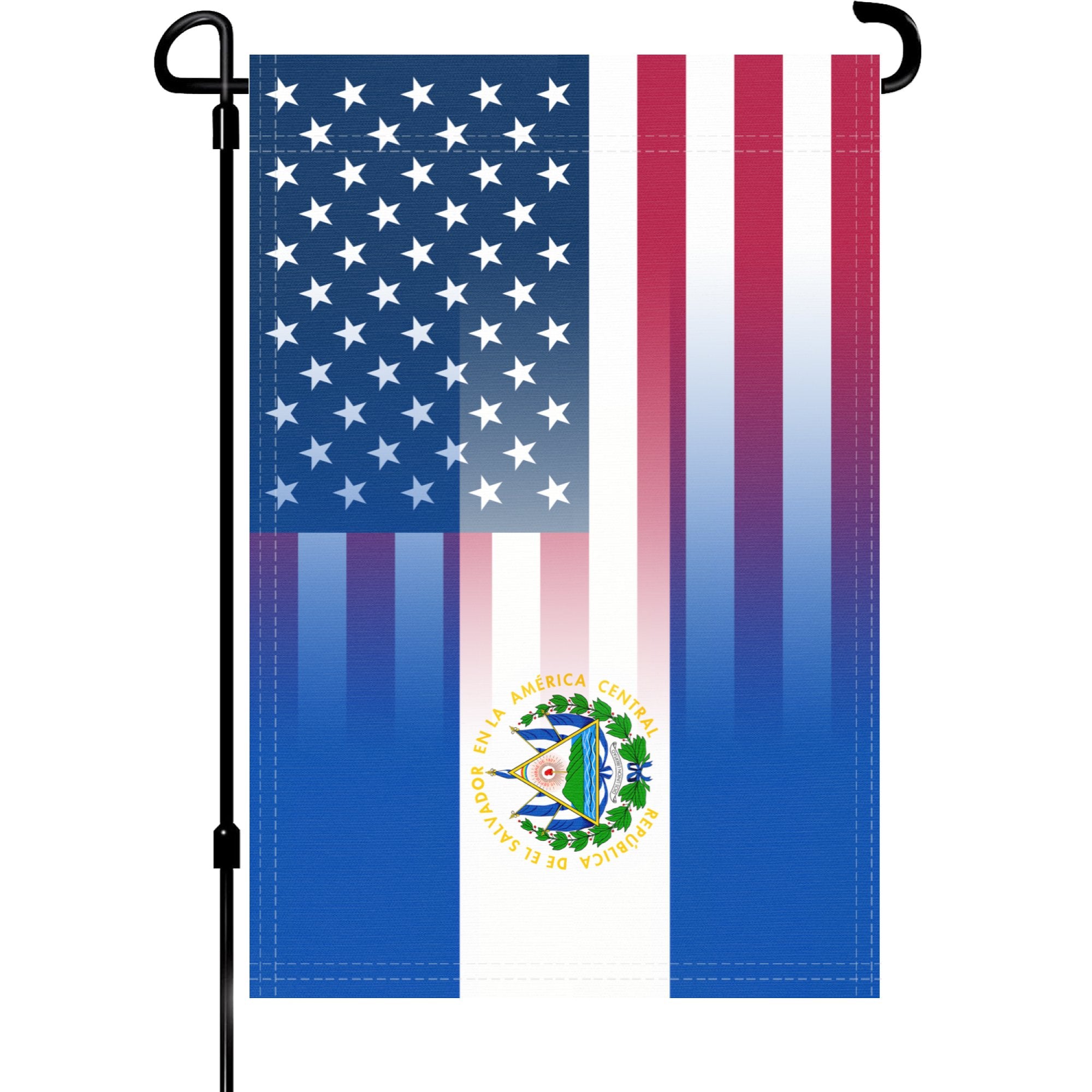 A garden flag on a pole with the Salvadoran American flag design seamlessly blended with the American flag.
