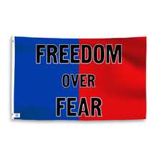 Load image into Gallery viewer, A dual-tone flag containing a political slogan, with a smooth royal blue and deep crimson texture. 
