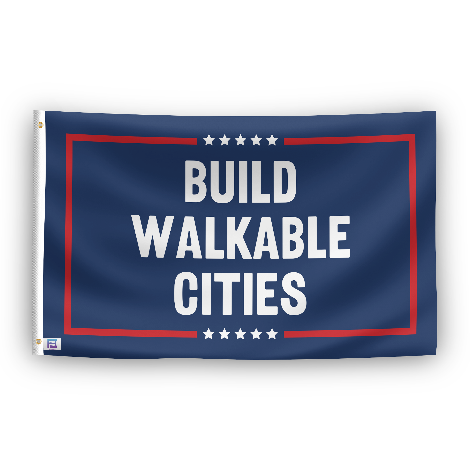 A political flag with the saying "Build Walkable Cities Political", with a red, white, and blue color scheme.