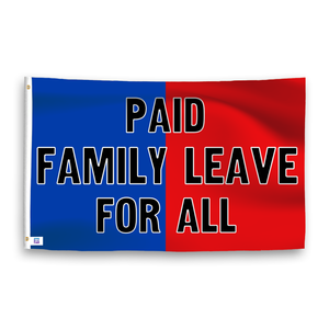 A dual-tone flag containing a political slogan, with a smooth royal blue and deep crimson texture. 