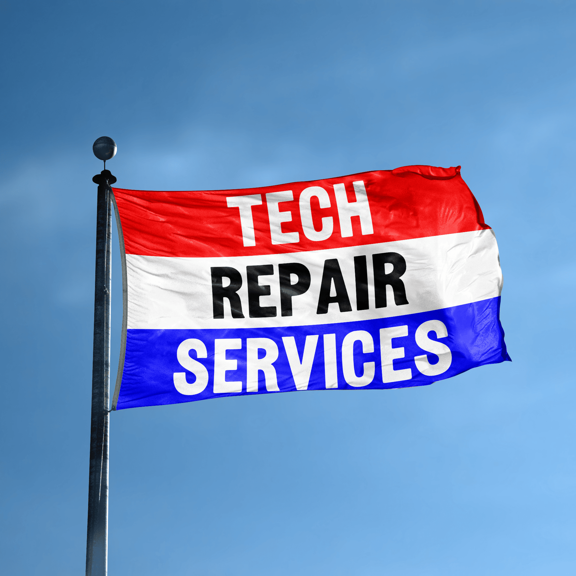 A business banner with the saying "Tech Repair Services" displayed on a high pole, with a red, white, and blue color scheme.