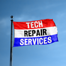 Load image into Gallery viewer, A business banner with the saying &quot;Tech Repair Services&quot; displayed on a high pole, with a red, white, and blue color scheme.
