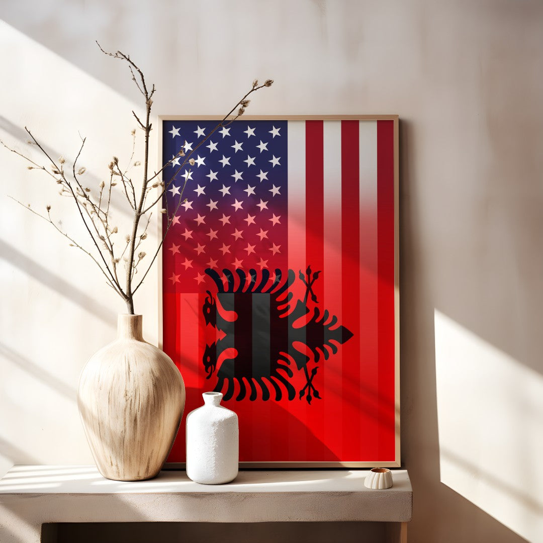 Blended US and Albanian flag print in a wooden frame, showcasing American stars & stripes merged with Albanian’s emblem, displayed on a tabletop.
