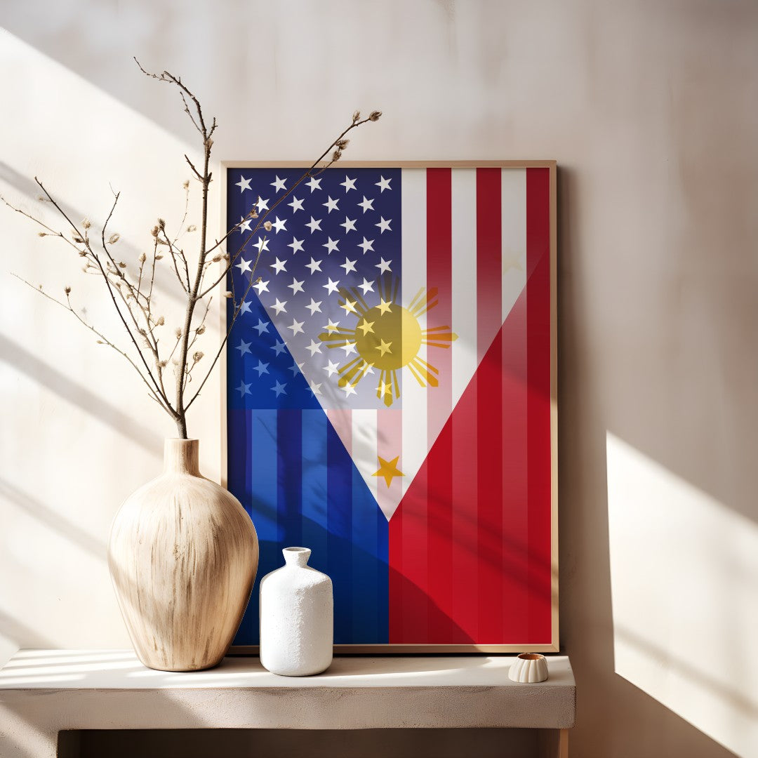 Blended US and Filipino flag print in a wooden frame, showcasing American stars & stripes merged with Filipino’s emblem, displayed on a tabletop.