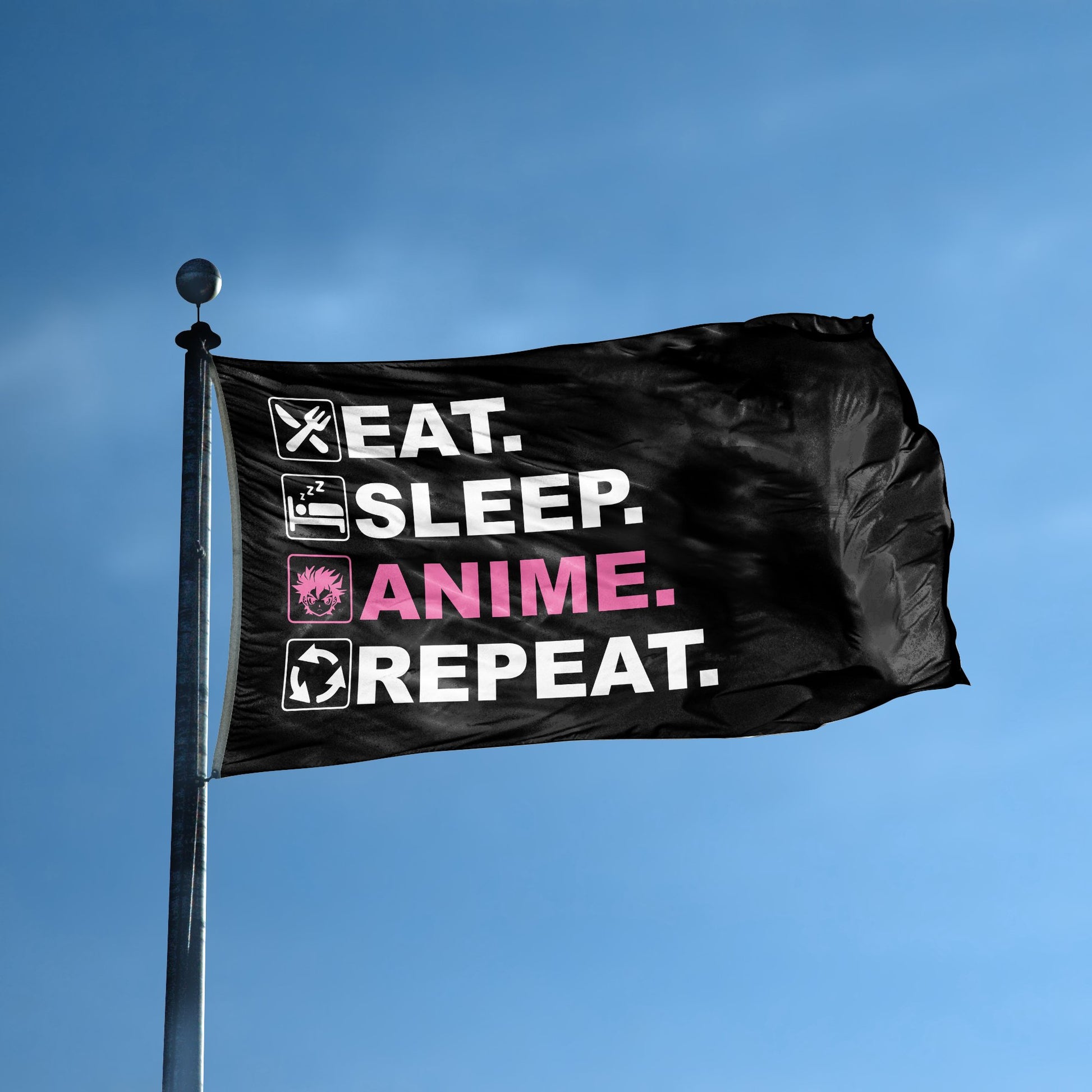 A flag with the saying "Eat Sleep Anime Repeat" displayed on a high pole, with a black, white and themed color scheme.