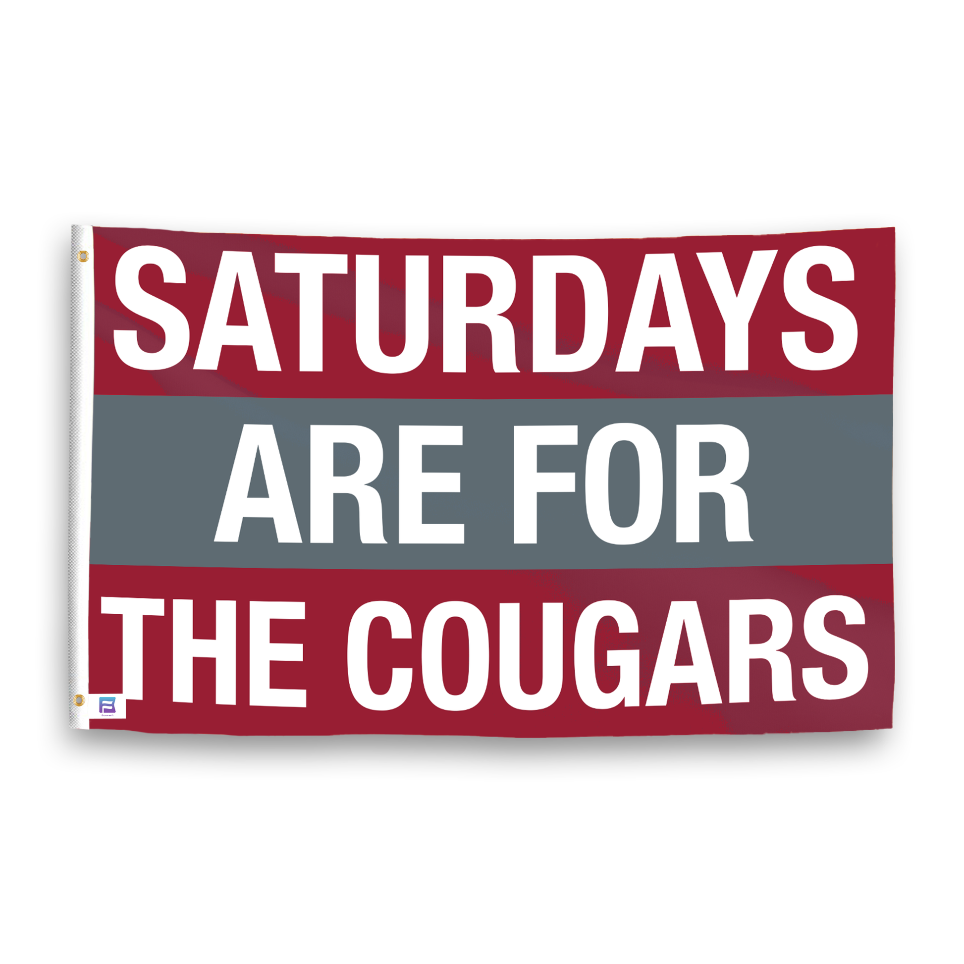 A flag with the saying "Saturdays Are for the Cougars Washington State", with the sports team color scheme.