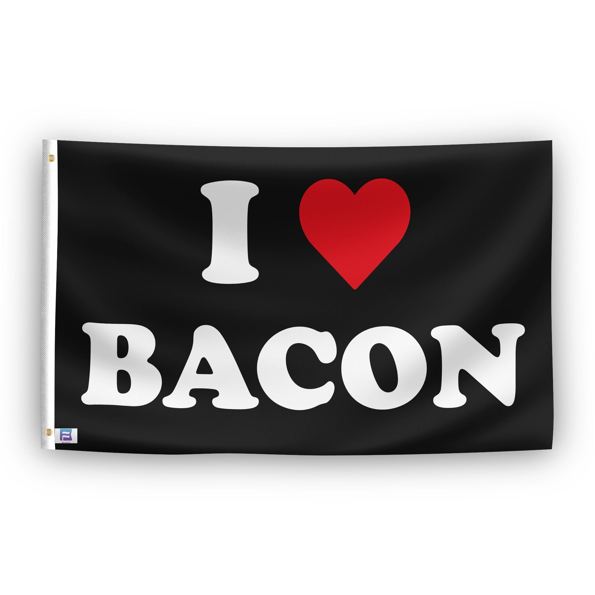 A flag with the saying "I Love Bacon", with a black, white and red color scheme.