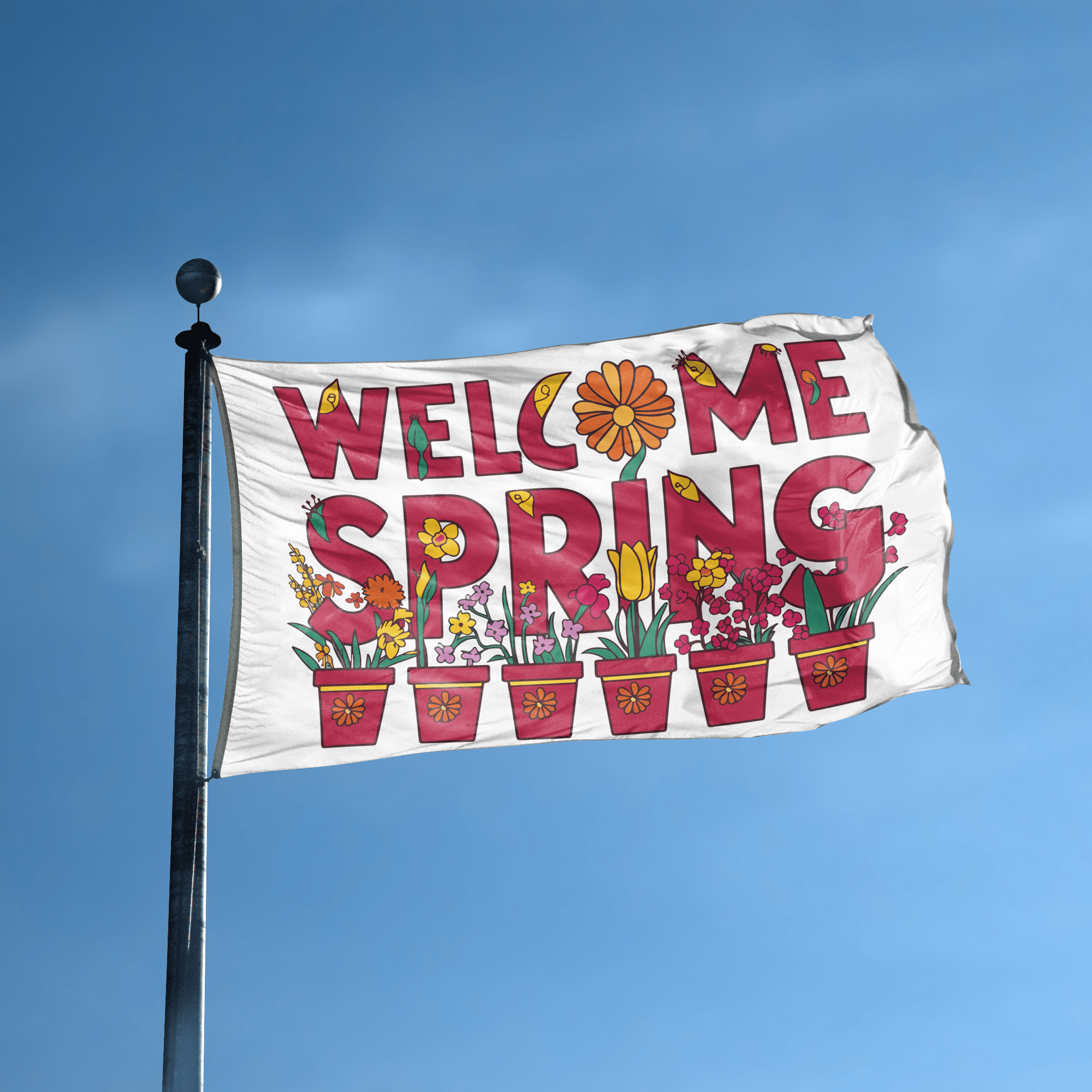 A flag with the saying "Welcome Spring Floral" displayed on a high pole, with a special occasion color scheme.