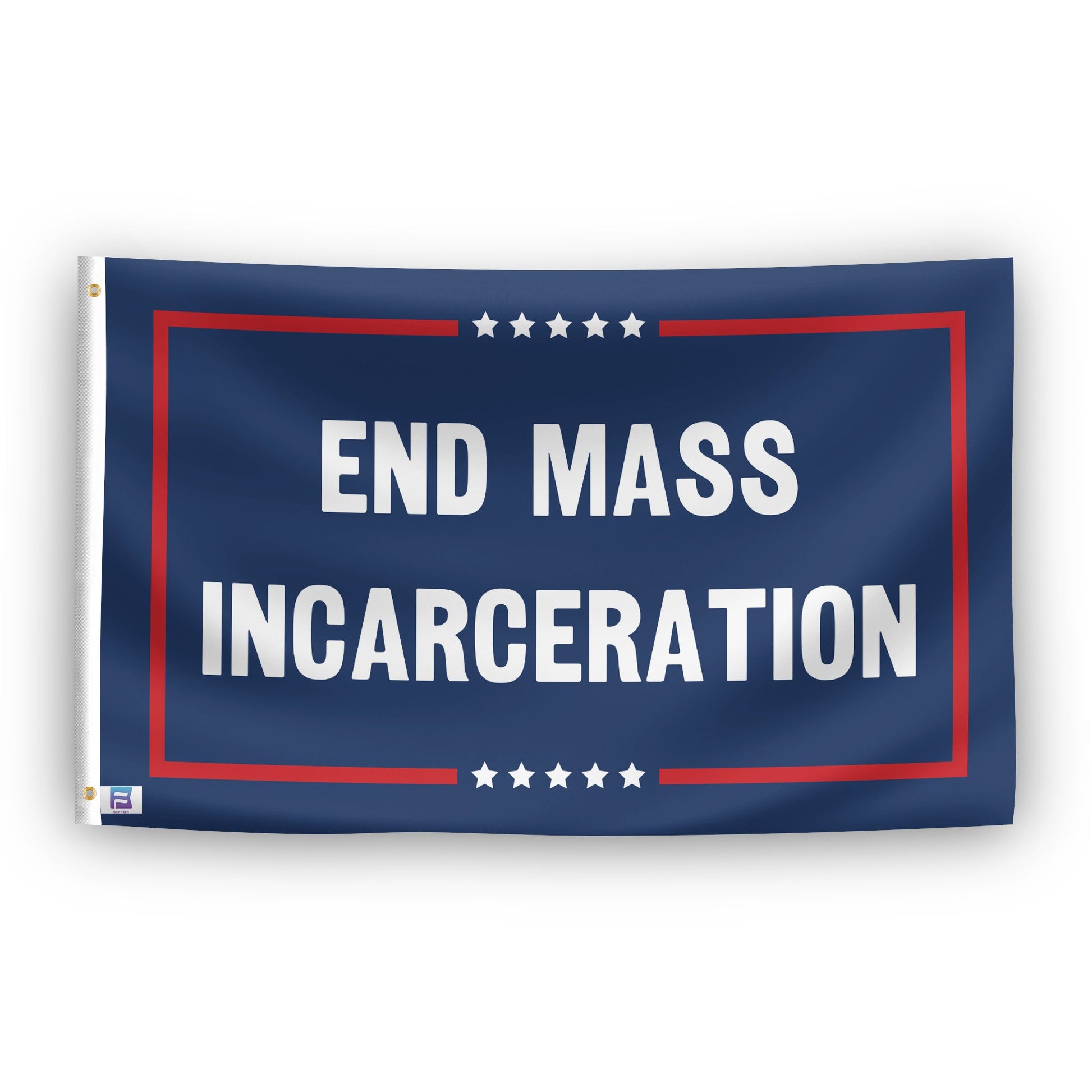 A political flag with the saying "End Mass Incarceration Political", with a red, white, and blue color scheme.