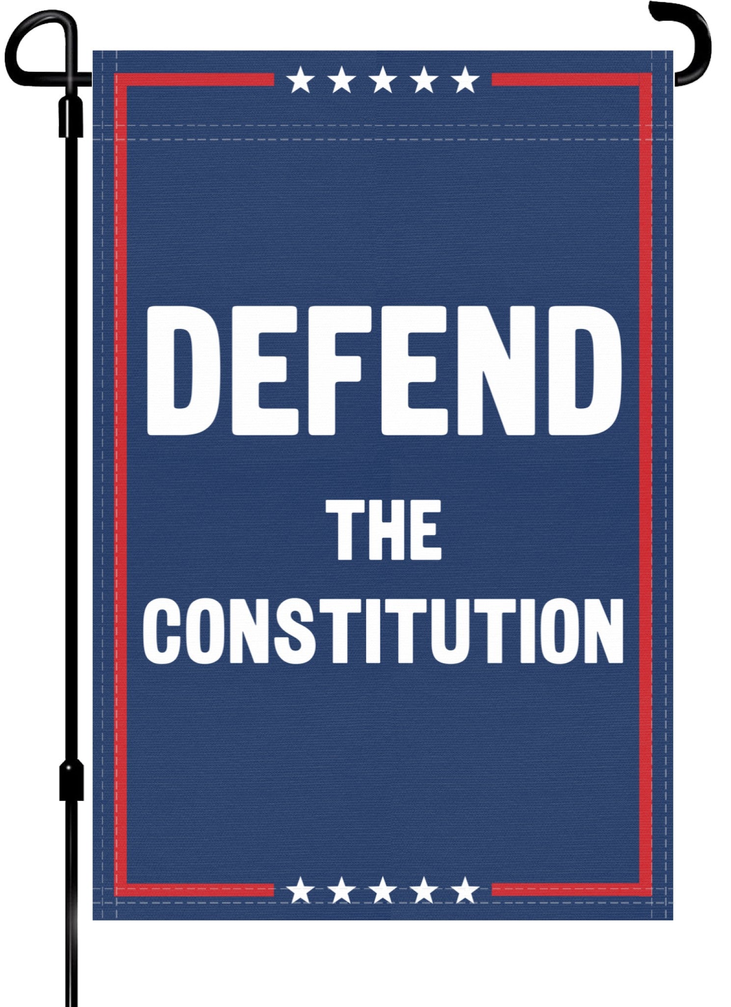 A red, white and blue political garden flag on a pole with the slogan Defend The Constitution. 