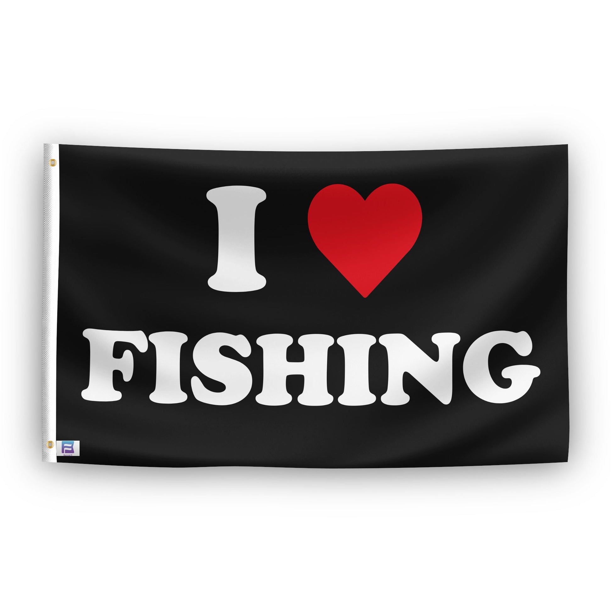 A flag with the saying "I Love Fishing", with a black, white and red color scheme.