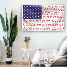 Load image into Gallery viewer, In a home setting, an american flag with the theme &quot;Musical Note Stripes American&quot; is mounted on a white wall by a side table.
