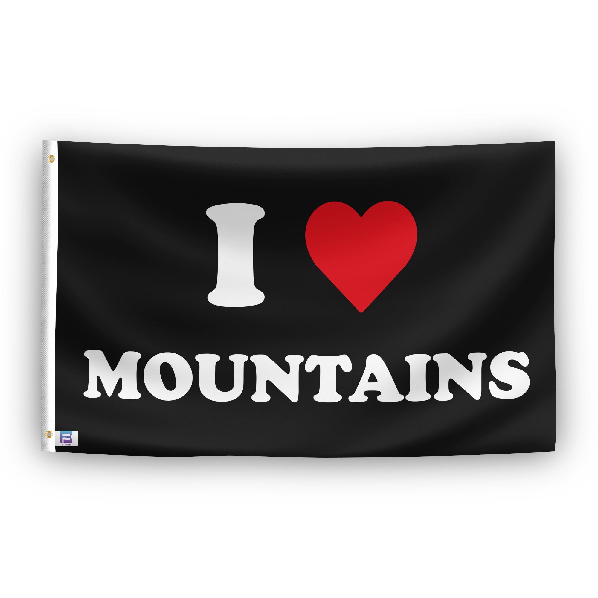 A flag with the saying "I Love Mountains", with a black, white and red color scheme.