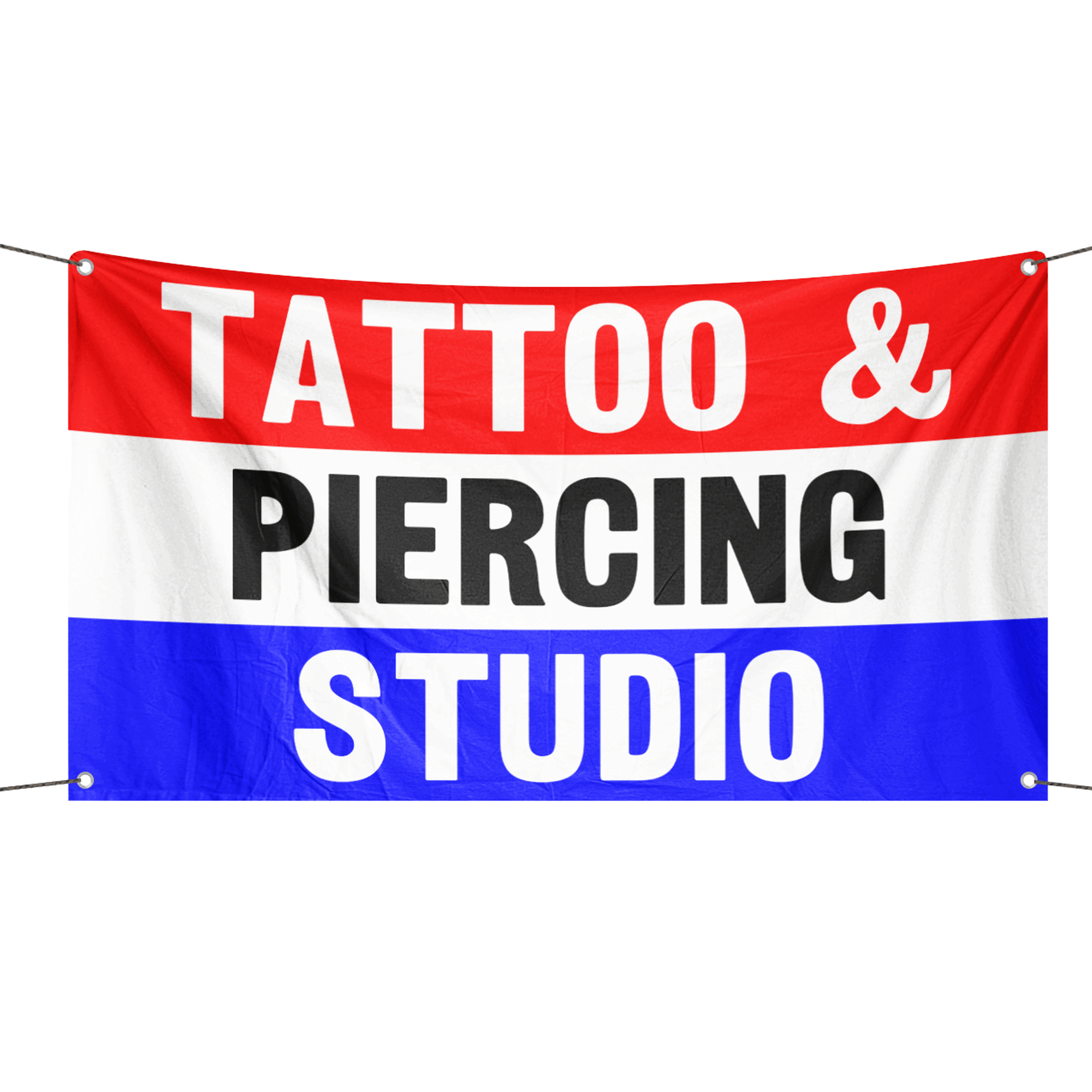 A business banner with the saying "Tattoo And Piercing Studio", with a red, white, and blue color scheme.