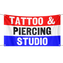 Load image into Gallery viewer, A business banner with the saying &quot;Tattoo And Piercing Studio&quot;, with a red, white, and blue color scheme.
