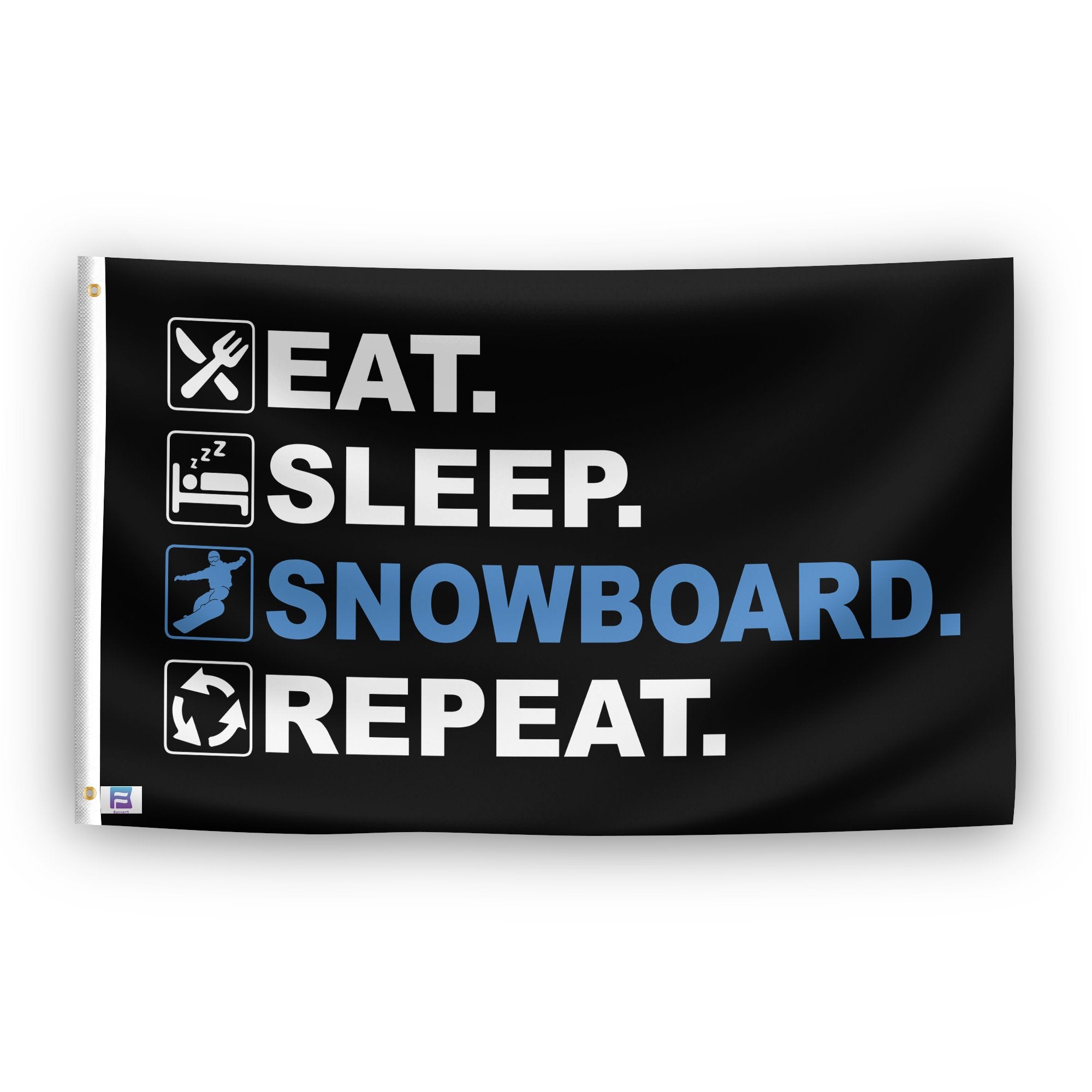 A flag with the saying "Eat Sleep Snowboard Repeat", with a black, white and themed color scheme.