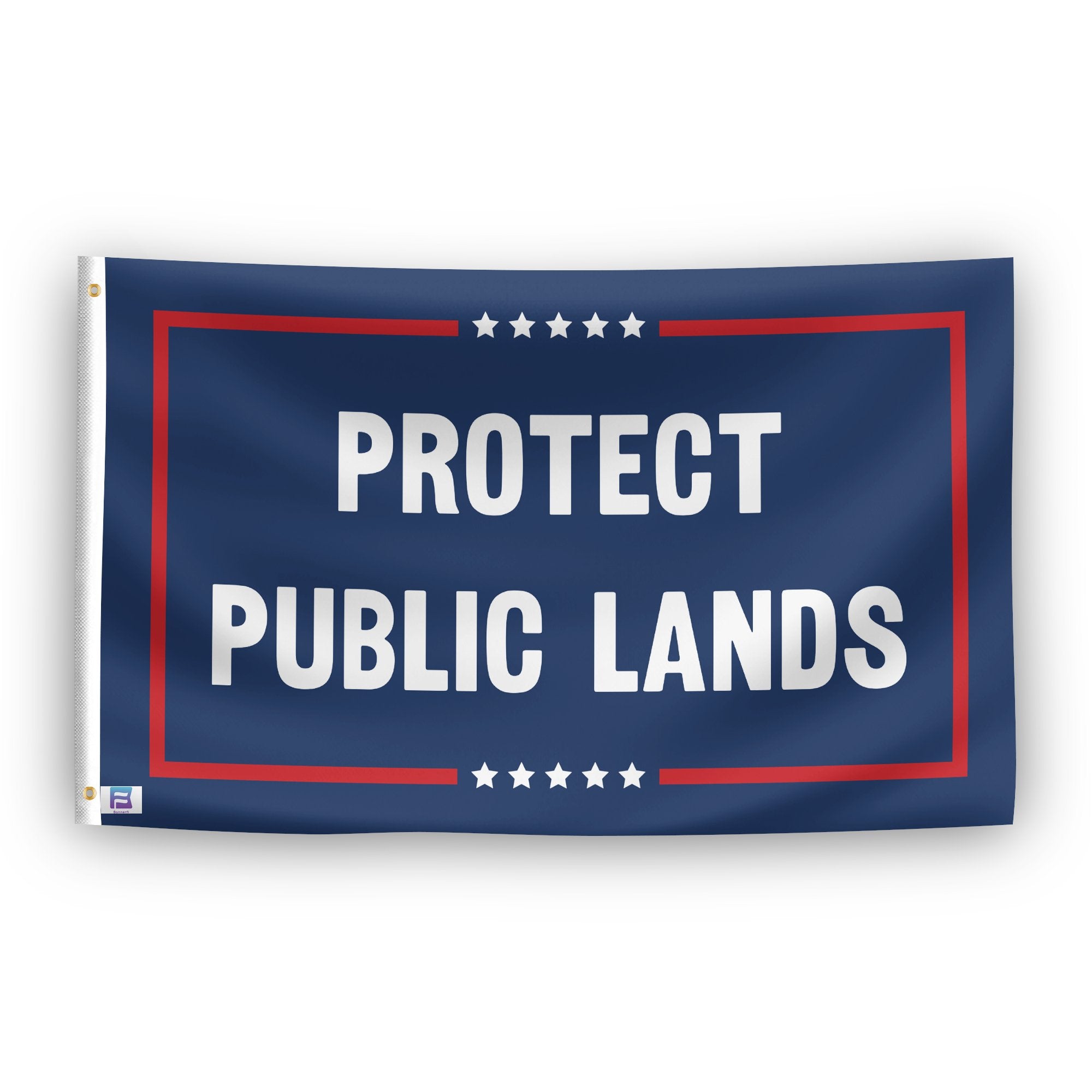 A political flag with the saying "Protect Public Lands Political", with a red, white, and blue color scheme.