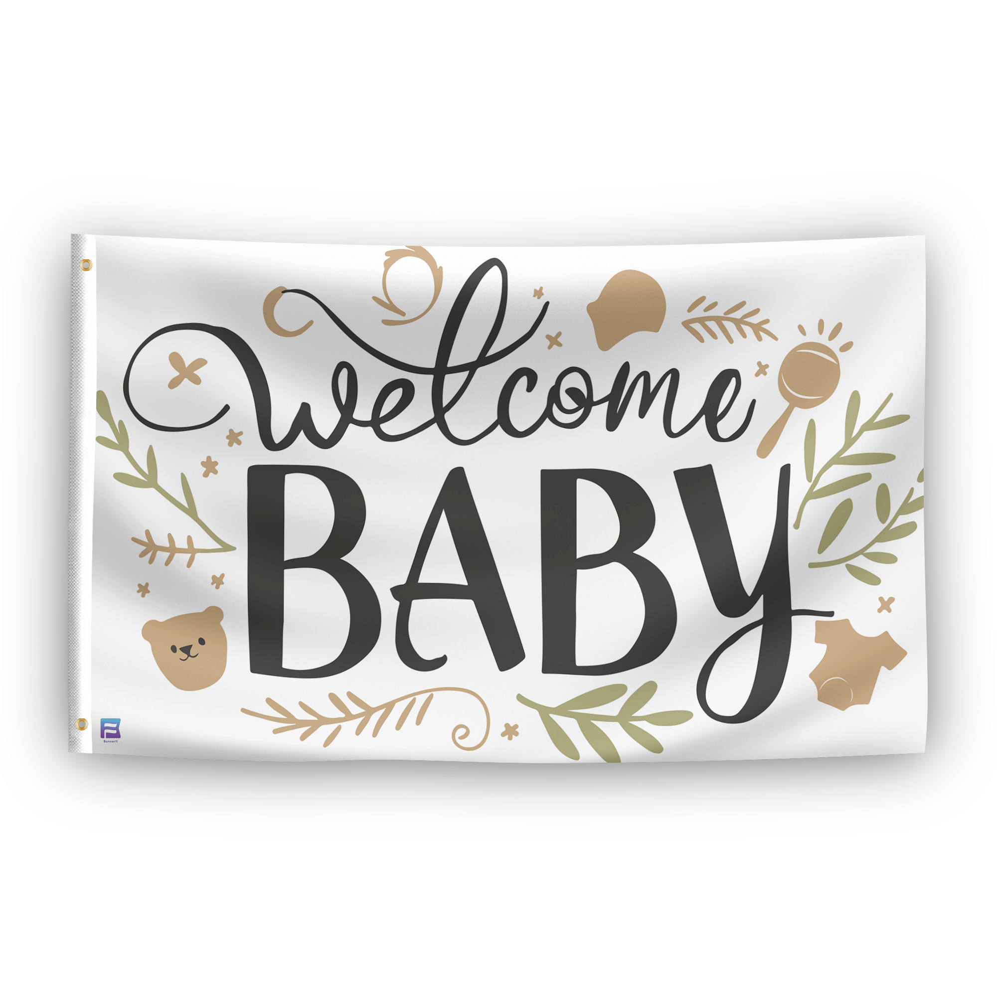 A flag with the saying "Welcome Baby", with a special occasion color scheme.