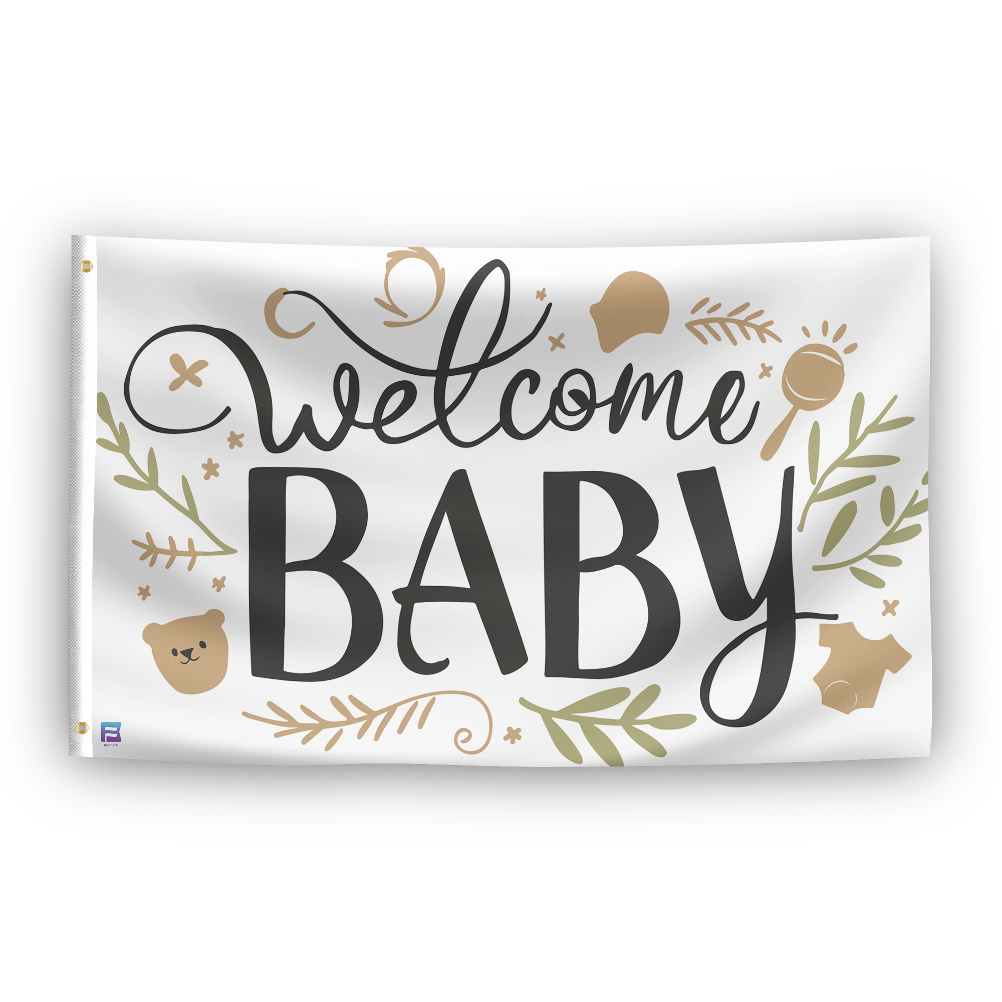 A flag with the saying "Welcome Baby", with a special occasion color scheme.