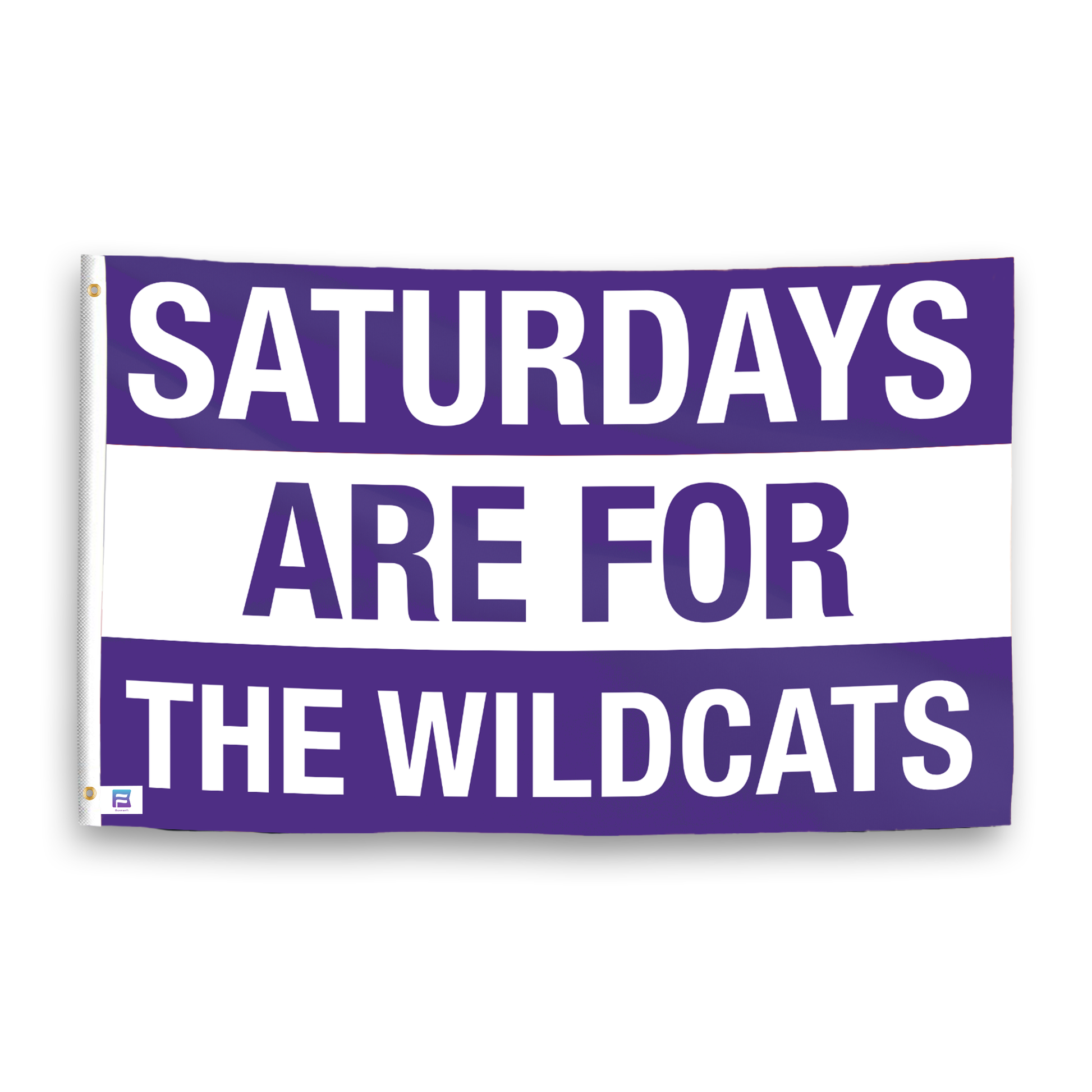 A flag with the saying "Saturdays Are for the Wildcats Northwestern", with the sports team color scheme.