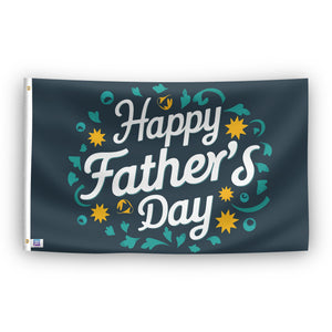 A flag with the saying "Happy Father’s Day", with a holiday themed color scheme.