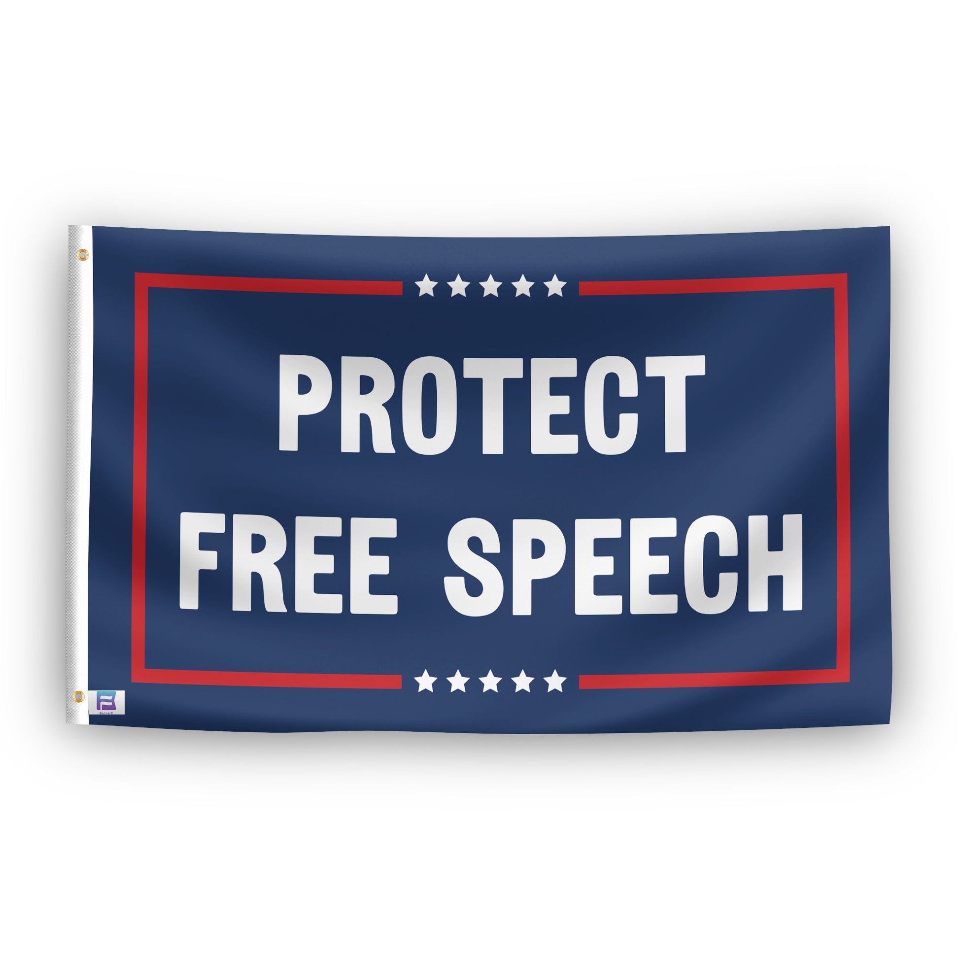 A political flag with the saying "Protect Free Speech Political", with a red, white, and blue color scheme.