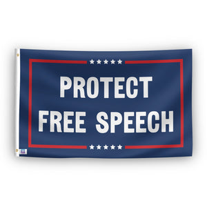 A rectangular flag with a blue background and a red border. The text 'PROTECT FREE SPEECH' is prominently displayed in white capital letters on the blue background.