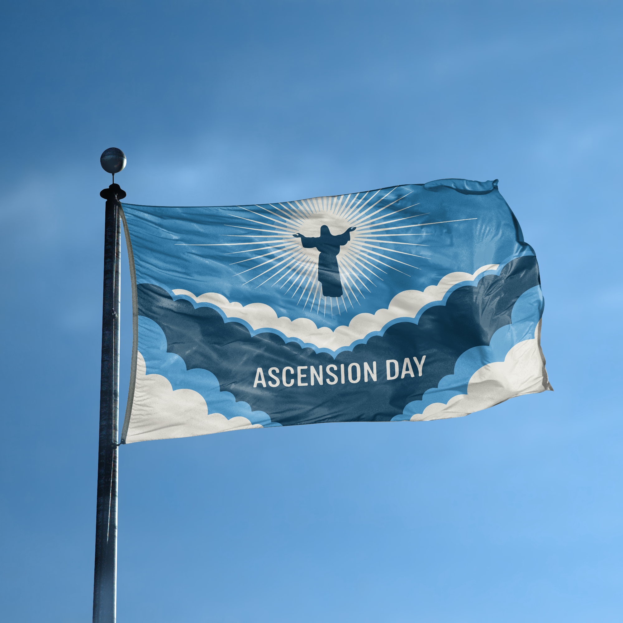 A flag with the saying "Ascension Day" displayed on a high pole, with a holiday themed color scheme.