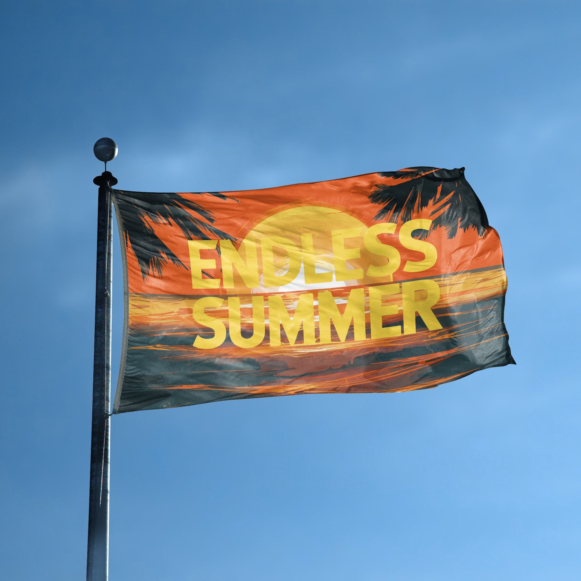 A flag with the saying "Endless Summer Sunset" displayed on a high pole, with a special occasion color scheme.