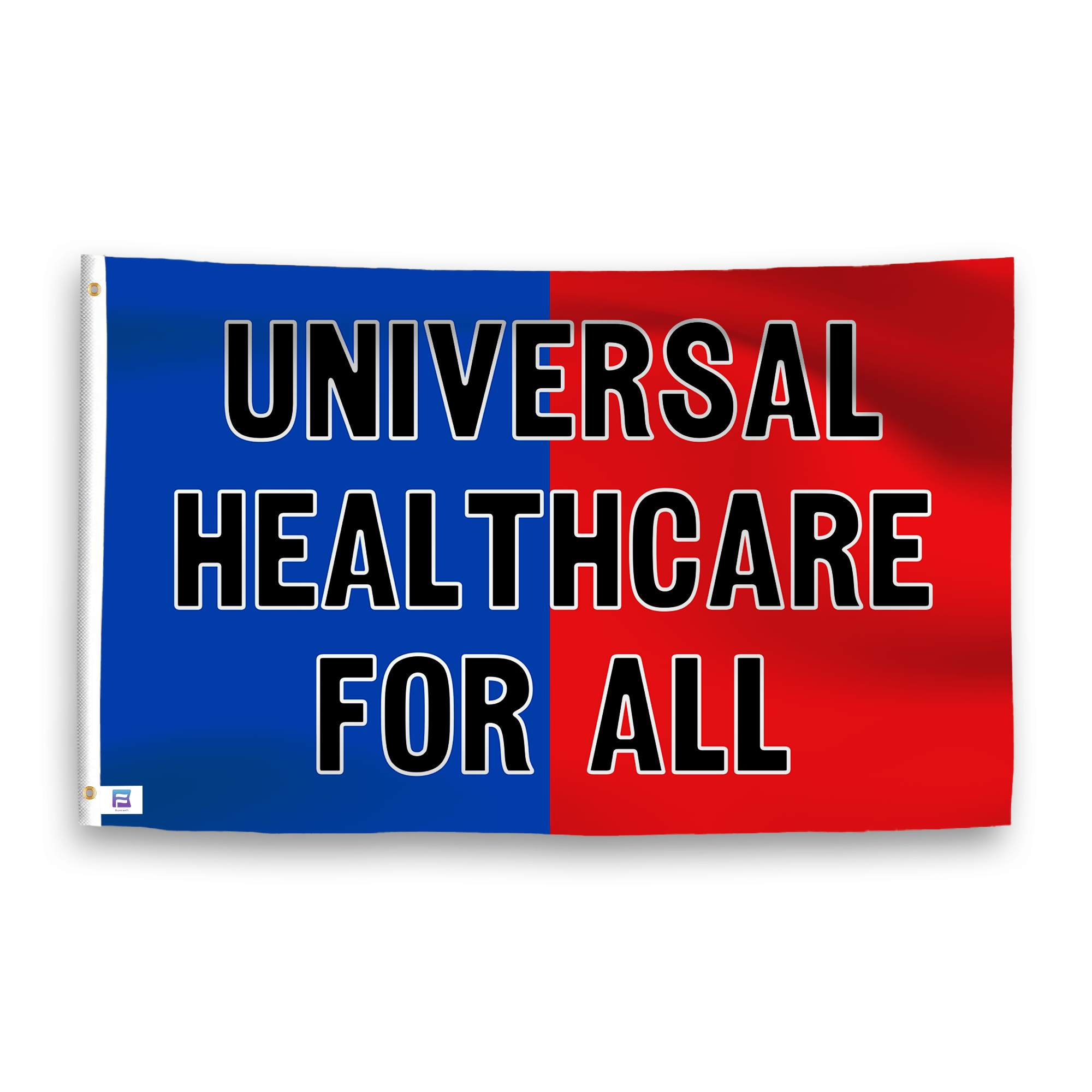 A dual-tone flag containing a political slogan, with a smooth royal blue and deep crimson texture. 