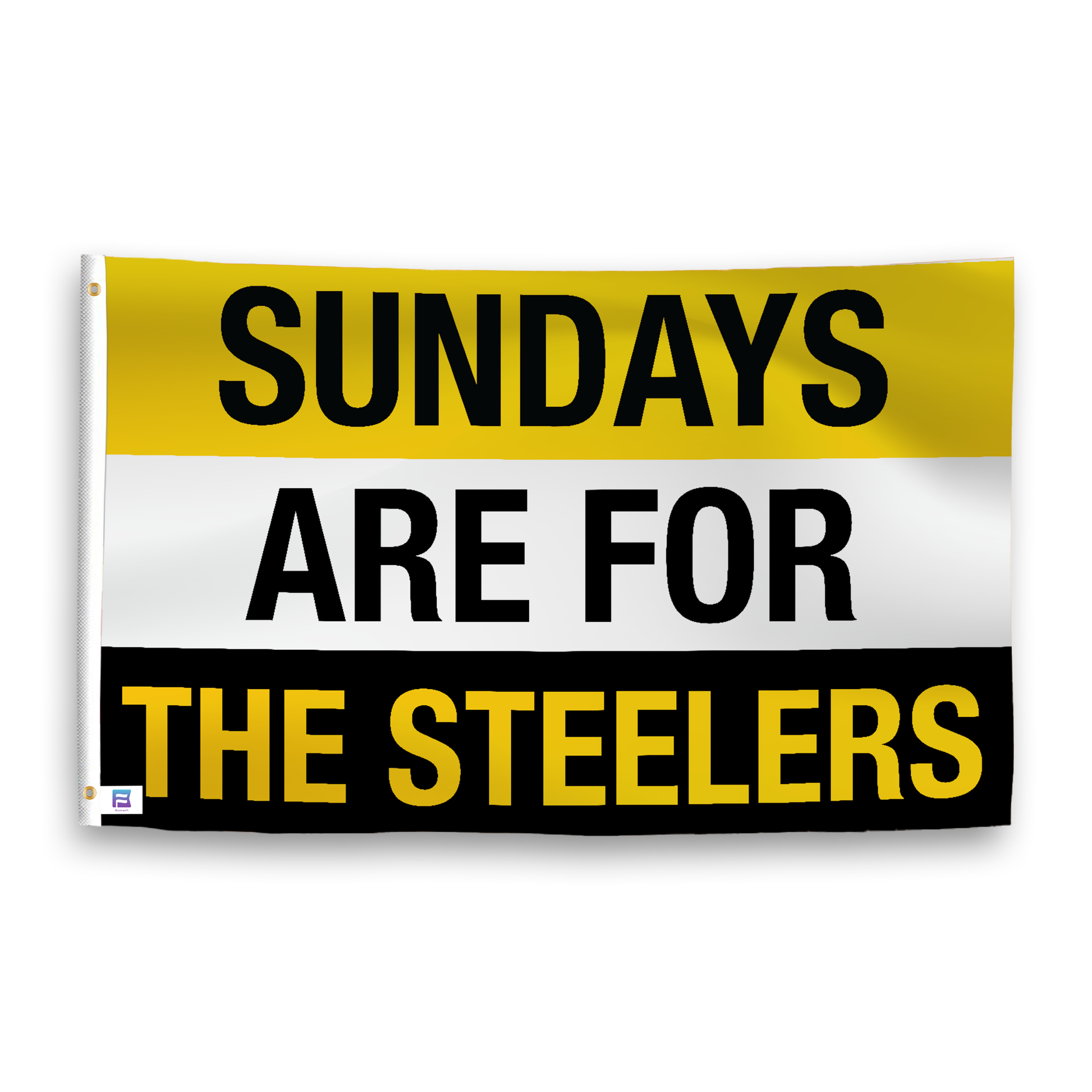 A flag with the saying "https://www.dropbox.com/scl/fi/h137sa1ckmn8j5ngevfsw/sundays-are-for-the-steelers_ripple.png?rlkey=gog1dvxidozz5a8xu511nnwba&raw=1", with the sports team color scheme.