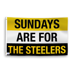 A flag with the saying "https://www.dropbox.com/scl/fi/h137sa1ckmn8j5ngevfsw/sundays-are-for-the-steelers_ripple.png?rlkey=gog1dvxidozz5a8xu511nnwba&raw=1", with the sports team color scheme.