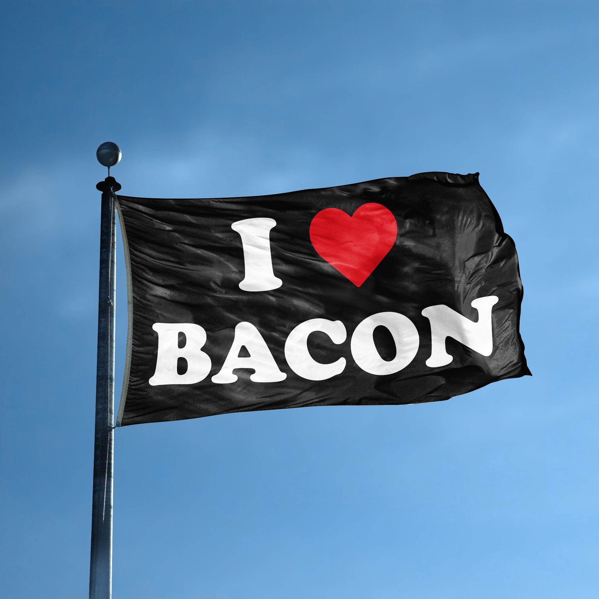 A flag with the saying "I Love Bacon" displayed on a high pole, with a black, white and red color scheme.