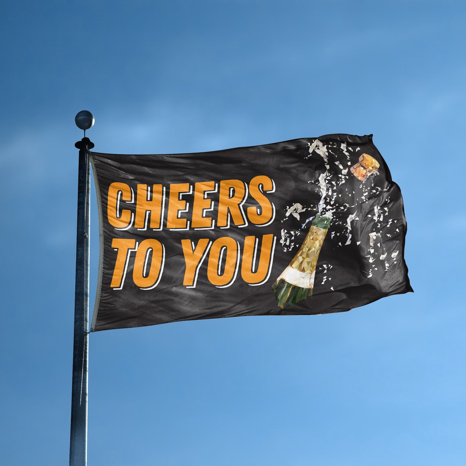 A flag with the saying "Cheers To You" displayed on a high pole, with a special occasion color scheme.