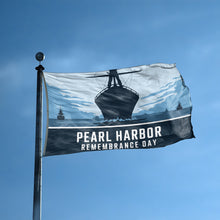 Load image into Gallery viewer, A flag with the saying &quot;Pearl Harbor Remembrance Day&quot; displayed on a high pole, with a holiday themed color scheme.
