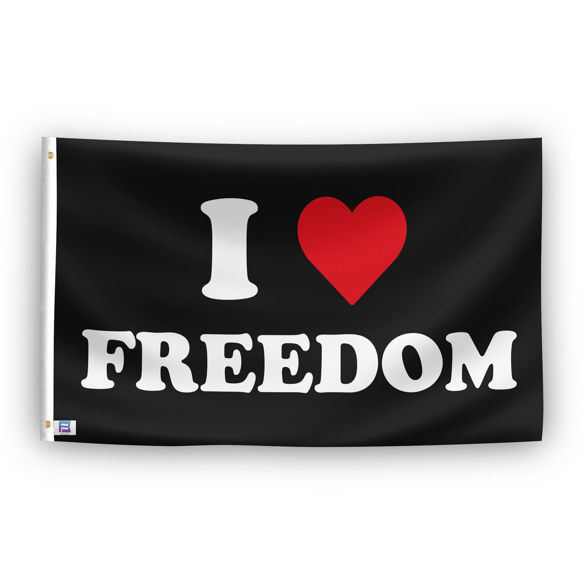 A flag with the saying "I Love Freedom", with a black, white and red color scheme.