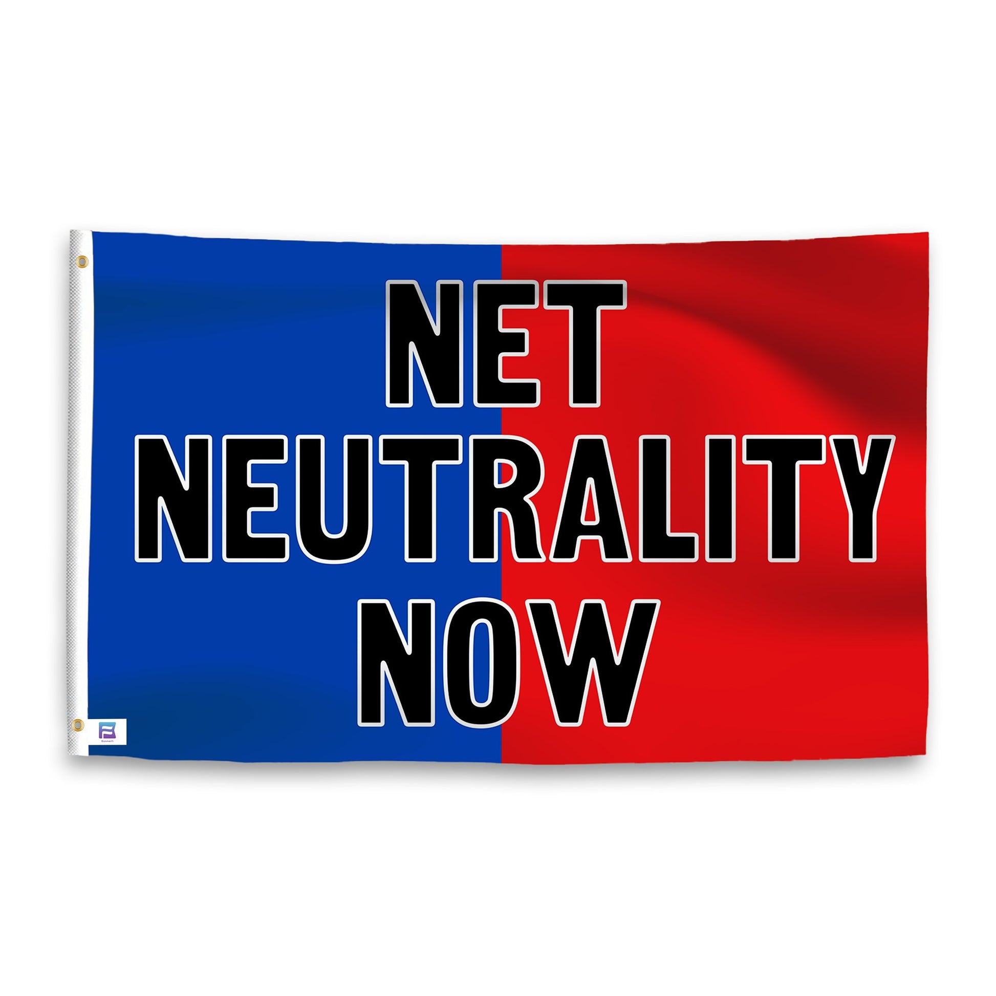 A dual-tone flag containing a political slogan, with a smooth royal blue and deep crimson texture.