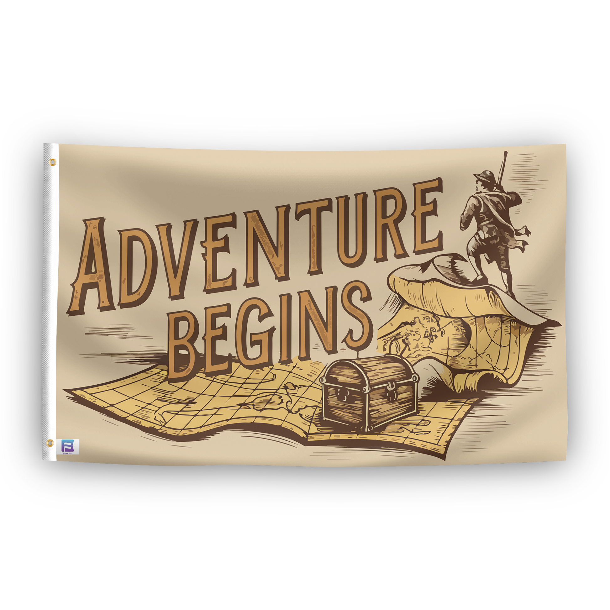 A flag with the saying "Adventure Begins", with a special occasion color scheme.