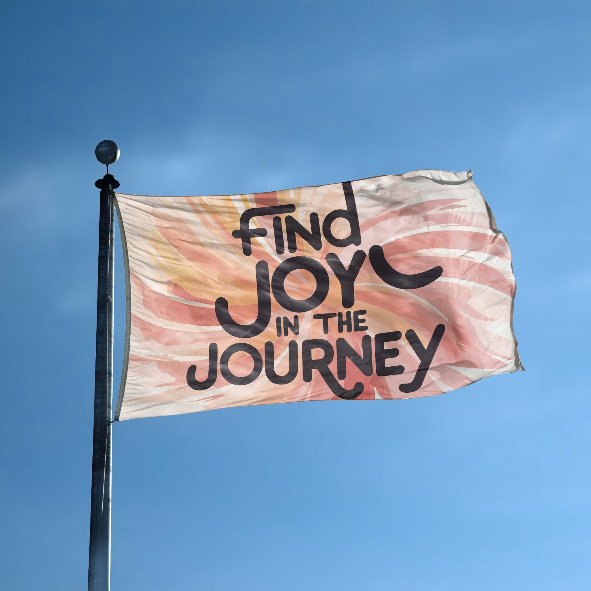 A flag with the saying "Find Joy In The Journey Motivational" displayed on a high pole, with a special occasion color scheme.