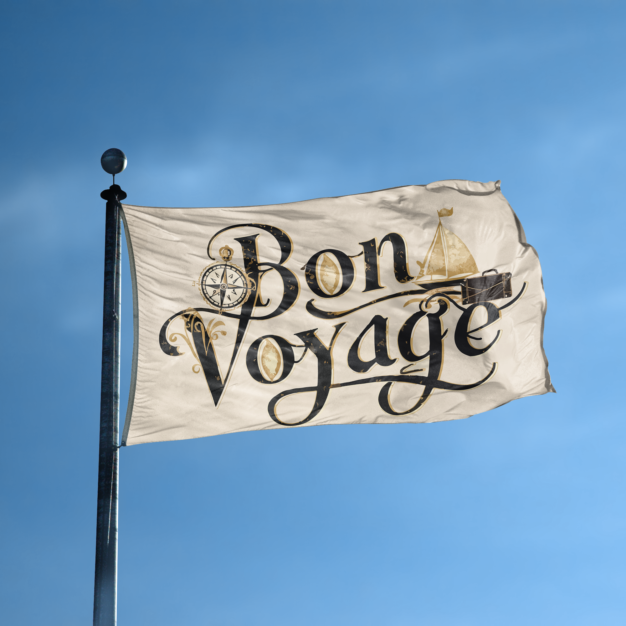 A flag with the saying "Bon Voyage" displayed on a high pole, with a special occasion color scheme.