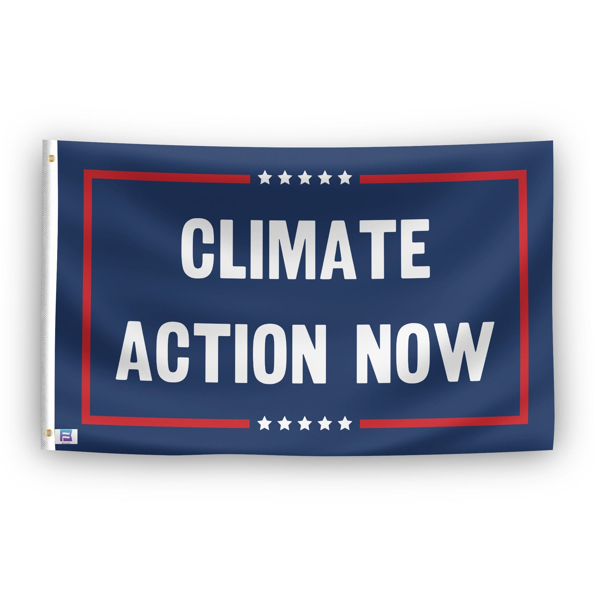 A political flag with the saying "Climate Action Now Political", with a red, white, and blue color scheme.