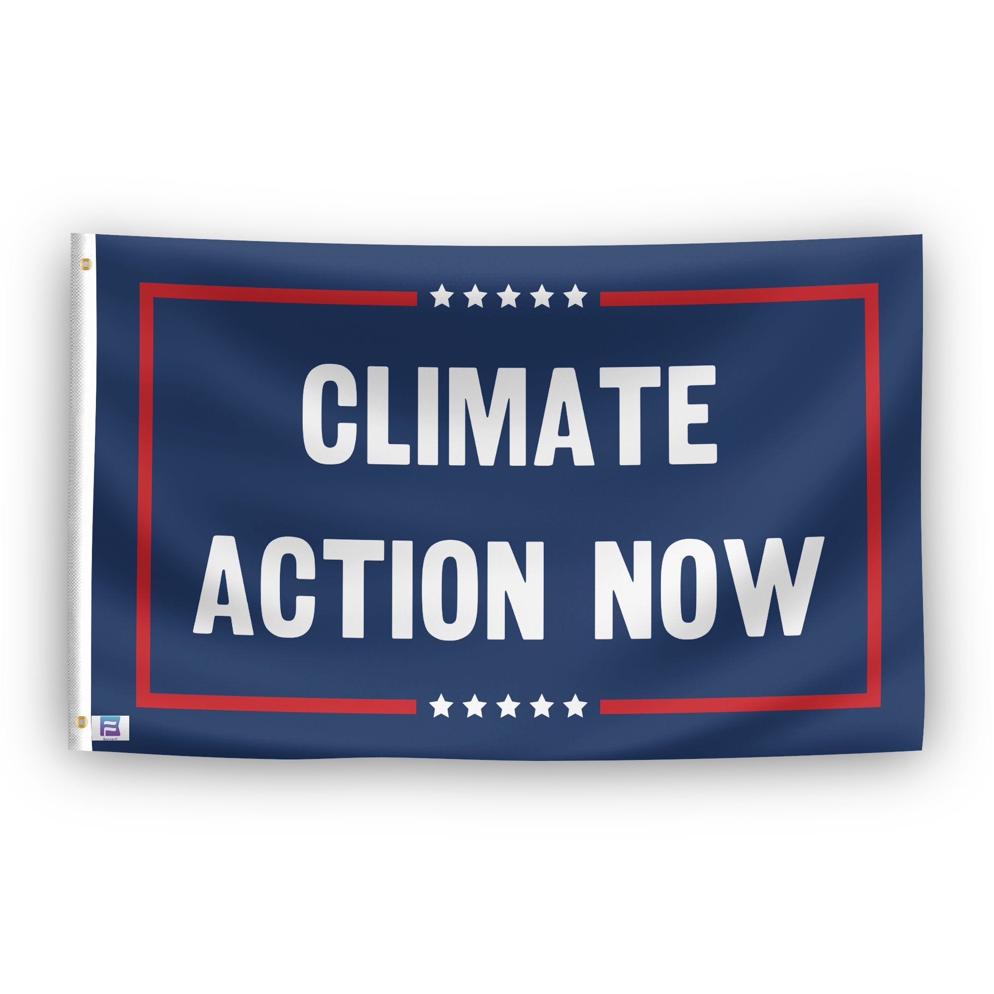 A political flag with the saying "Climate Action Now Political", with a red, white, and blue color scheme.