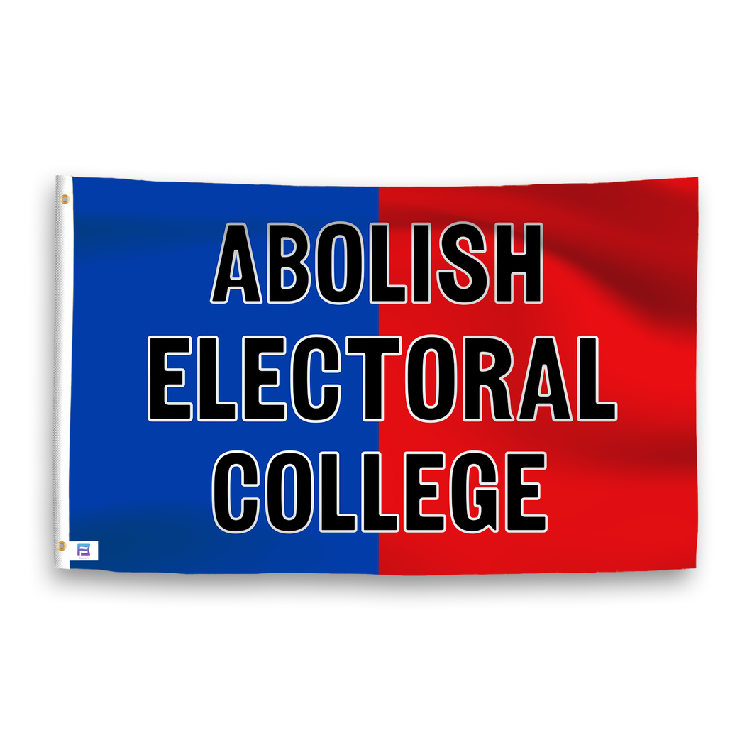 A dual-tone flag containing a political slogan, with a smooth royal blue and deep crimson texture. 