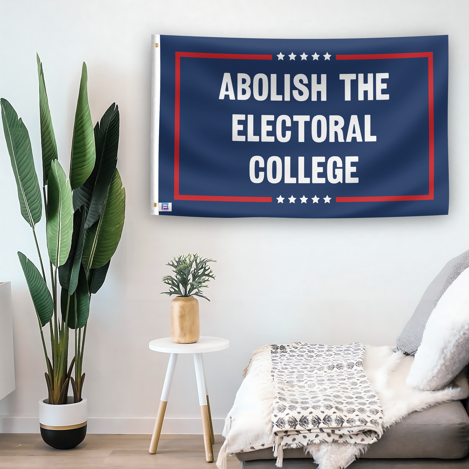 In a home setting, a flag with the saying "Abolish The Electoral College Political" is mounted on a white wall by a side table.